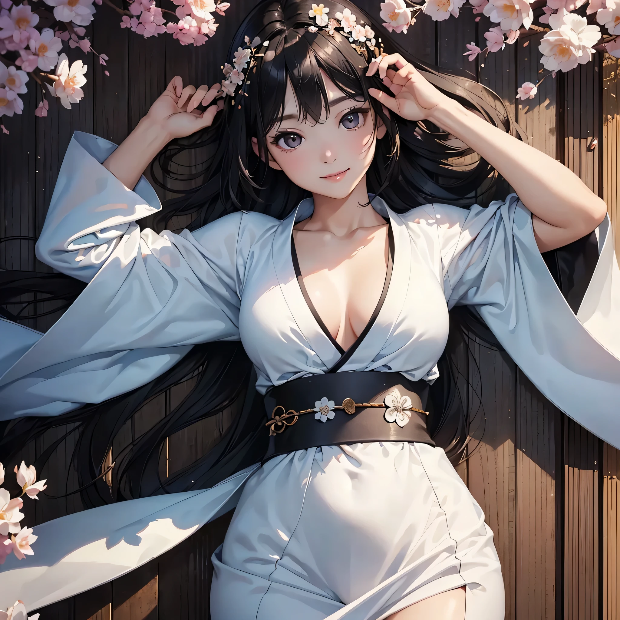 one beautiful woman、((highest quality、8K masterpiece:1.3))、sharp focus:1.2、(super beautiful face:1.0)、(shiny skin:1.0)、realistic pictures、black hair、video writing、High resolution eyes and face、video writing、japanese actress、from the front、Medium chest、shy smile、The beauty of slender abs、whole body、kimono、 obiAt the shrine