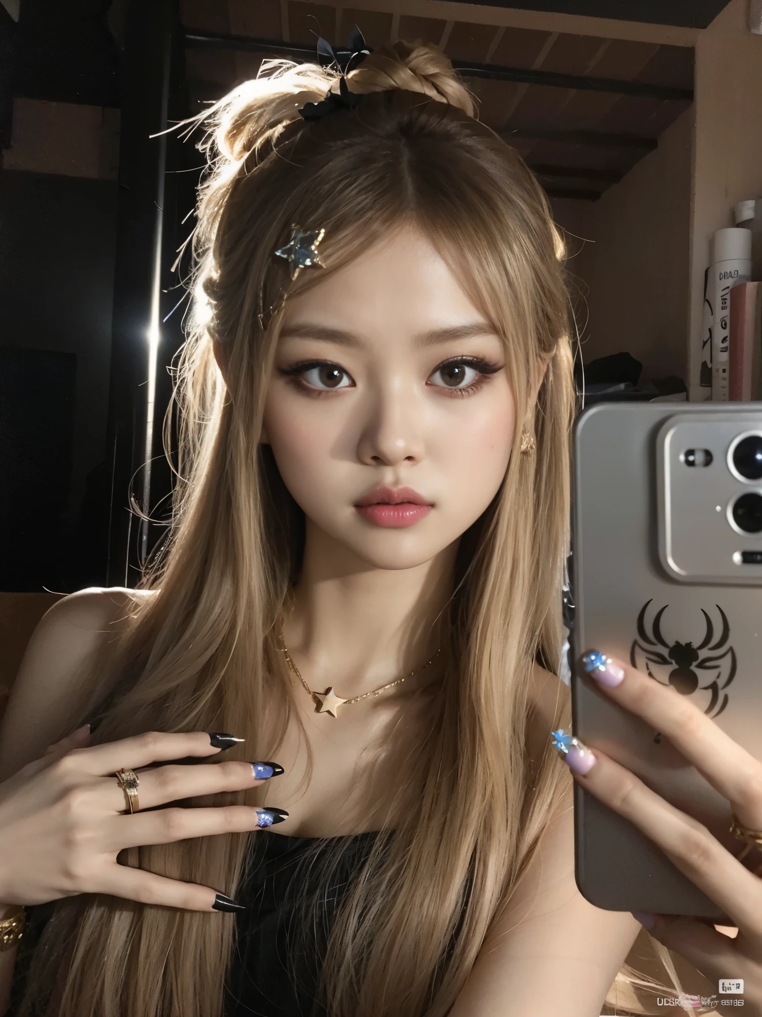 araffe girl with long hair and a star ring taking a selfie, ulzzang, lalisa manobal, lalisa manoban of blackpink, tzuyu from twice, roseanne park of blackpink, popular south korean makeup, portrait of jossi of blackpink, 8k selfie photograph, with long hair and piercing eyes, popular korean makeup