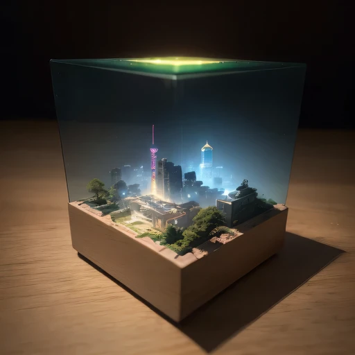 small realistic model, (bifurcation, original photo, best quality, masterpiece:1.4),Steampunk Cyberpunk 2916,(Cyberpunk light:1.3),on the table,horizon (related to land),(in a small nature box:1.3),Isometric, small nature, landscape on foundation,landscape,Distant focus((Lunar soil background))