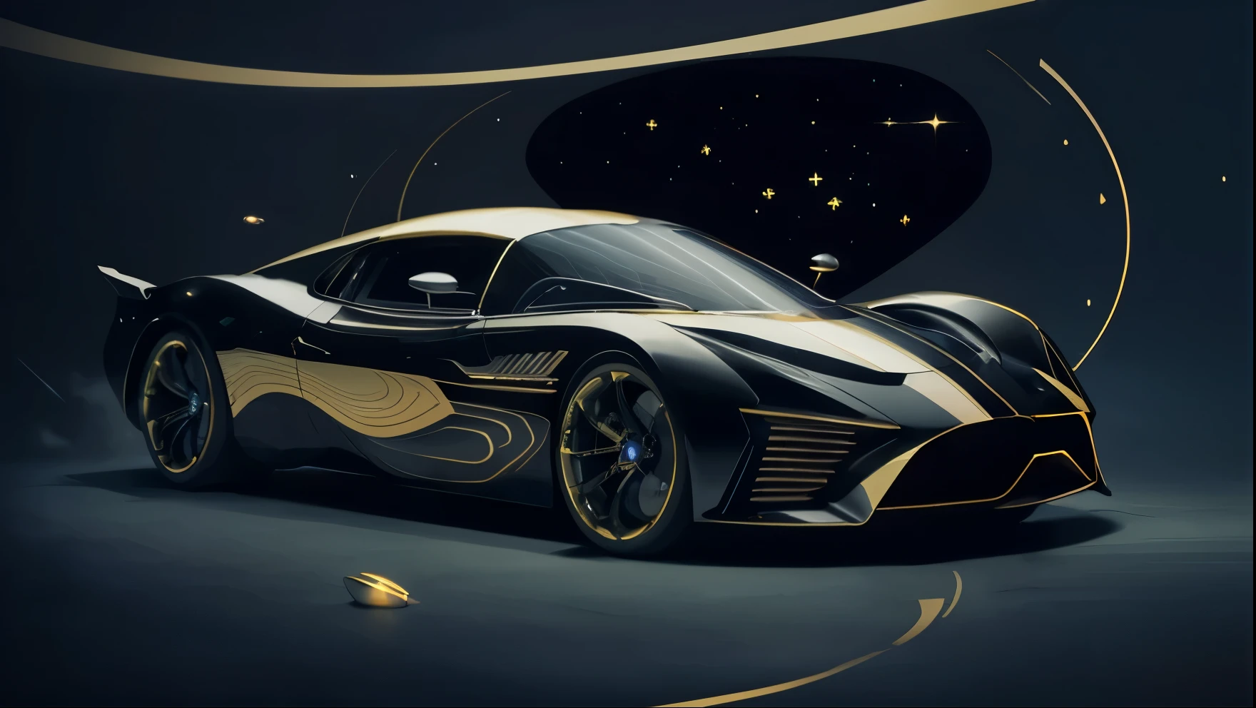 Futuristic hyper-car/supercar design based upon floral curves and futuristic spaceship design, 1940's car racing design, diamond cut wheels, stary night, bar lighting, conch shells swirls and black iridescent sheen, swirl, twirl, curl, the rule of thirds, golden ration 1.618, 3, 6 and 9 the Secret of the Universe, black, low and lean, very long, very low to the ground, modernized aero dynamics, future power engine design, full sideview including background scene and car, dark fantasy sci-fi rain swept background, professional automotive photography, highly detailed, hyperdetailed, Caravaggio,