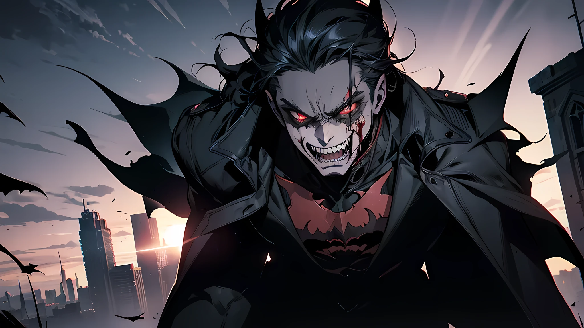 extremely detailed CG unity 8k wallpaper, masterpiece, best quality, ultra-detailed, gritty and dark, Batman who Laughs, menacing expression, twisted grin, blood-red eyes, night sky, Gothic architecture, shadows and silhouettes, dramatic lighting, eerie atmosphere, intense action, comic book style. Gotham Hero was facing with the Immortal creature who cant die and makes him fight all night.