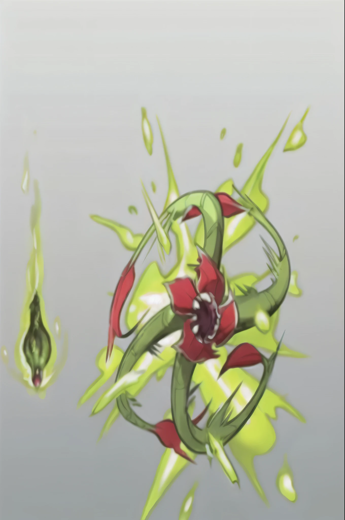 a close up of a cartoon of a flower with a green stem, conceptual mystery pokemon, melting into lilligant, alien flower, green and red radioactive swamp, species fusion, glowing green soul blade, style of pokemon, symmetry!! concept art, weird pokemon, erak note, flowercore, alien flora, new pokemon, earth type pokemon, concept artwork