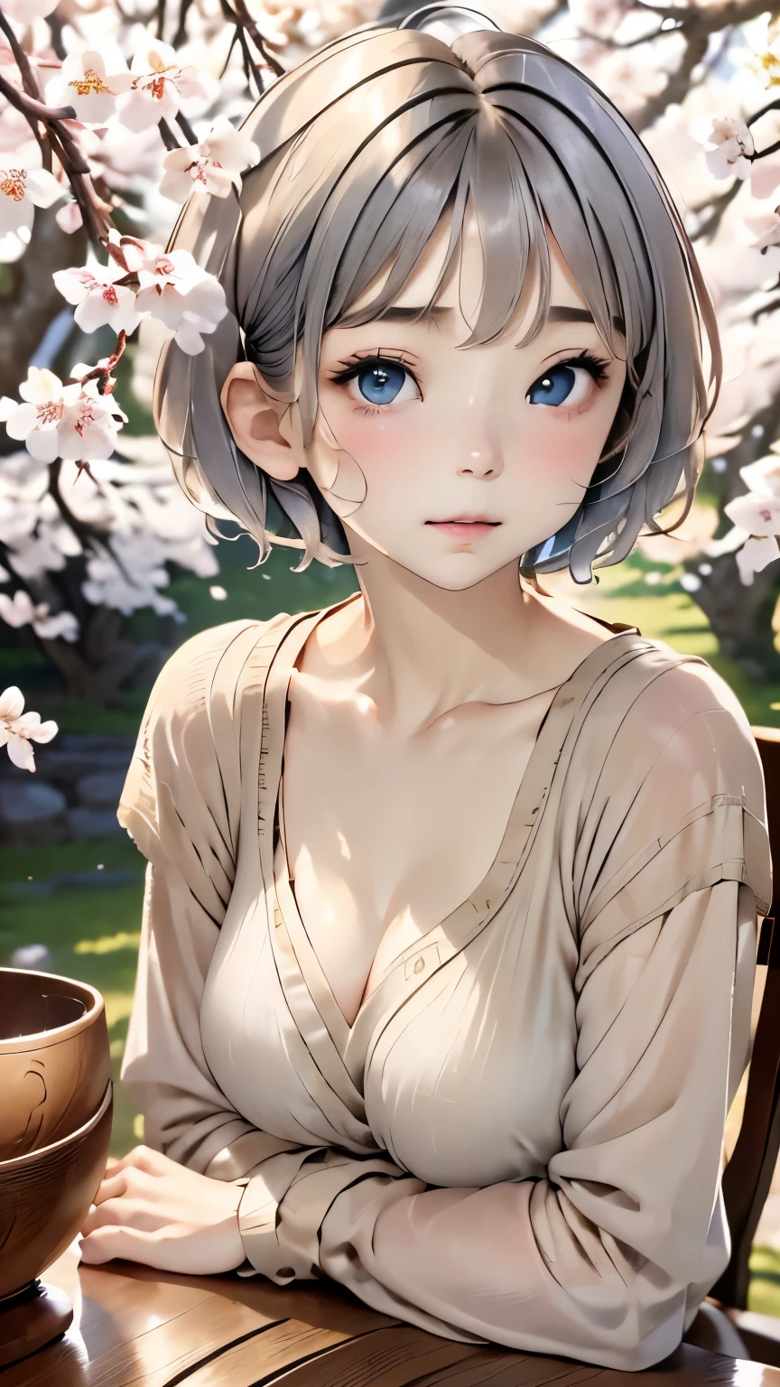 table top:1.2, high quality, 最high quality, High resolution, be familiar with, surreal, with a girl, very short gray hair, Pixie cut hair, blue eyes, head tilt, sunset, Cherry Blossom, portrait,natural look, (be familiar with face), ((sharp focus)), ((face)), upper_body