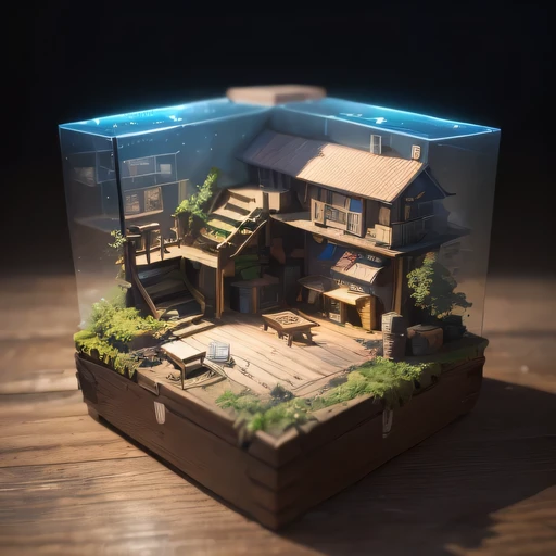 small realistic model, (bifurcation, original photo, best quality, masterpiece:1.4),Steampunk Cyberpunk 2916,(Cyberpunk light:1.3),on the table,horizon (related to land),(in a small nature box:1.3),Isometric, small nature, landscape on foundation,landscape,Distant focus((Lunar soil background))