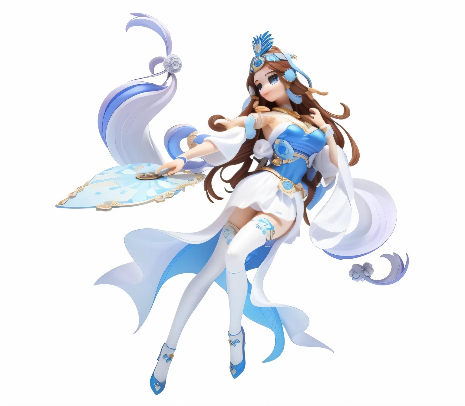 1 girl, (anatomically correct), whole body,, Athena goddess costume, Holding a fan in your hand, broken,blue, theme, (gradient background: 1.1), long hair, brown hair, red eyes, Smile, Delicate headgear, Clay texture, Blind box toy style, sideways, panoramic, (masterpiece: 1.1), (best quality: 1.1)
