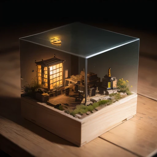 small realistic model, (bifurcation, original photo, best quality, masterpiece:1.4),Steampunk Cyberpunk 2916,(Cyberpunk light:1.3),on the table,horizon (related to land),(in a small nature box:1.3),Isometric, small nature, landscape on foundation,landscape,Distant focus（（Lunar soil background））