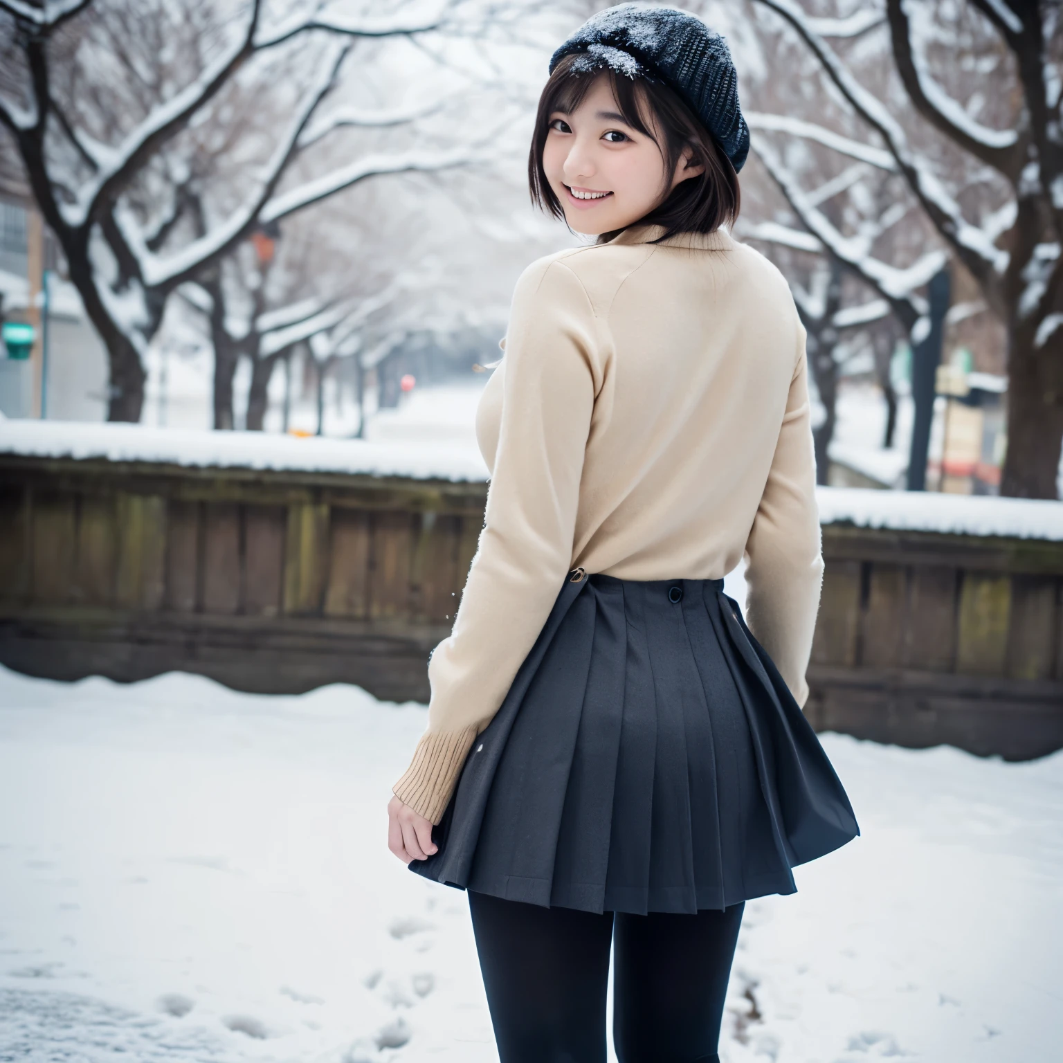 (masterpiece:1.2), super high quality, japanese girl, (super realistic), (super photographic style), 1girl, ((full body)), short hair, (18 years old), stylish body, (large tits), (cute face), (((school uniform))), (((thighs focus))), standing on a street, round eyes, (((black fullcoverd-tights))), view from back, smiling, (((a snow day))), she is standing with her back to me,