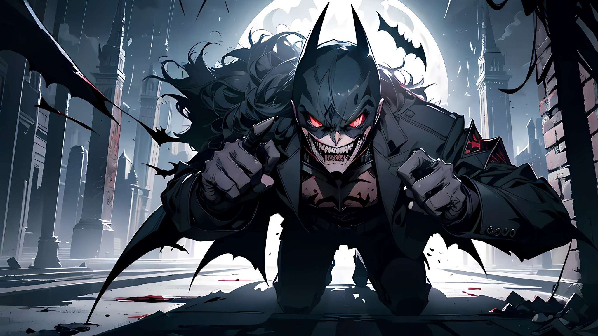 extremely detailed CG unity 8k wallpaper, masterpiece, best quality, ultra-detailed, gritty and dark, Batman who Laughs, menacing expression, twisted grin, blood-red eyes, night sky, Gothic architecture, shadows and silhouettes, dramatic lighting, eerie atmosphere, intense action, comic book style. Batman fighting with vampire joker.
