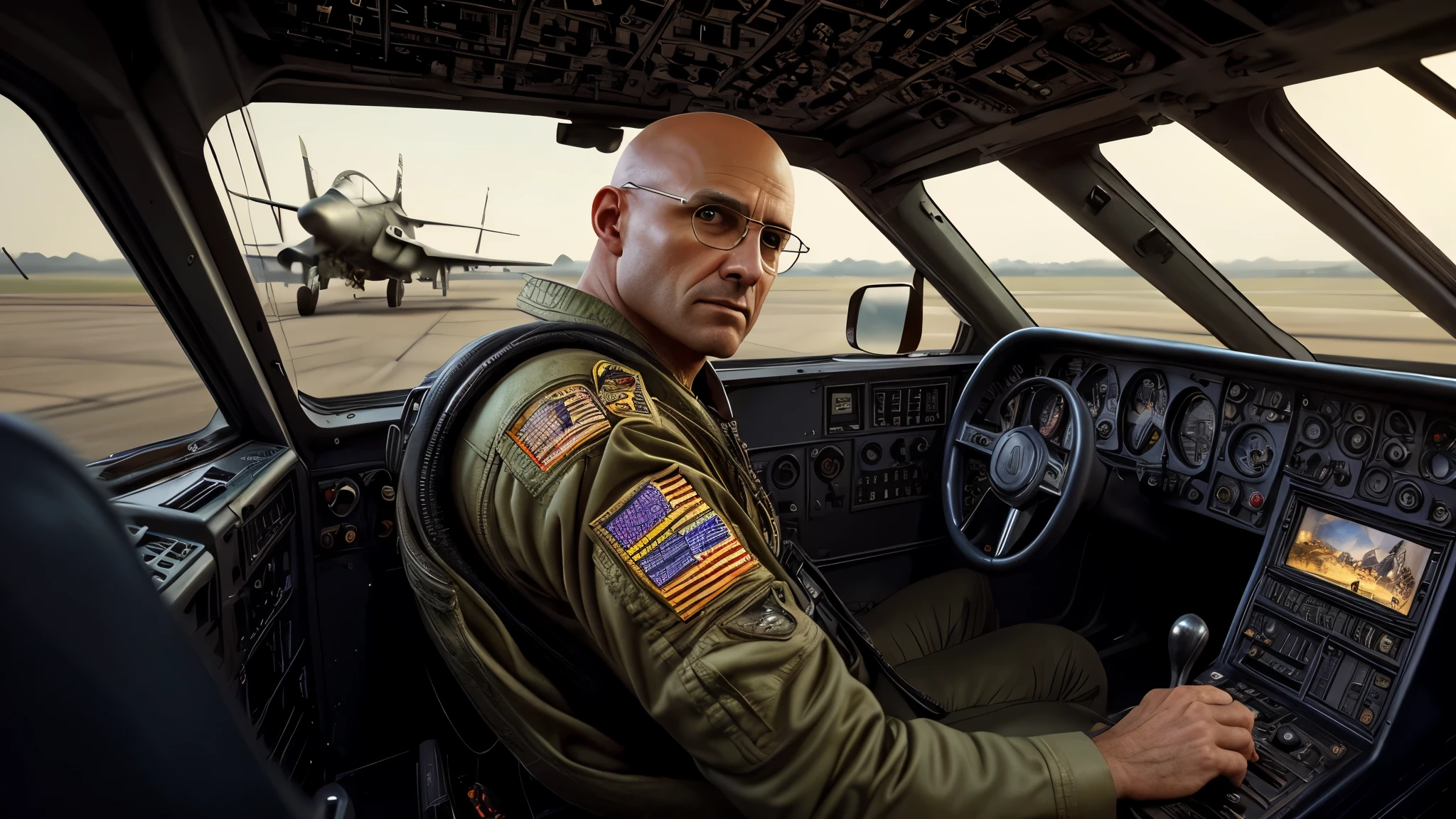 bald (no hair) fighter pilot in Top Gun, wearing glasses, no facial har, vhs effect, (poster: 1.2), poster on the wall, nostalgia, movie poster, (skin texture), intricately detailed, fine details, hyperdetailed, ray tracing, subsurface scattering, diffuse soft lighting, F-14 Tomcat airplanes detailed in the background, shallow depth of field, by (Oliver Wetter) majestic professional oil painting by Ed Blinkey, Atey Ghailan, Studio Ghibli, by Jeremy Mann, Greg Manchess, Antonio Moro, trend at ArtStation, trend at CGSociety, Intricate, High Detail, Sharp focus, dramatic painting and photorealistic art of (greg rutkowski:1.4), bokeh
