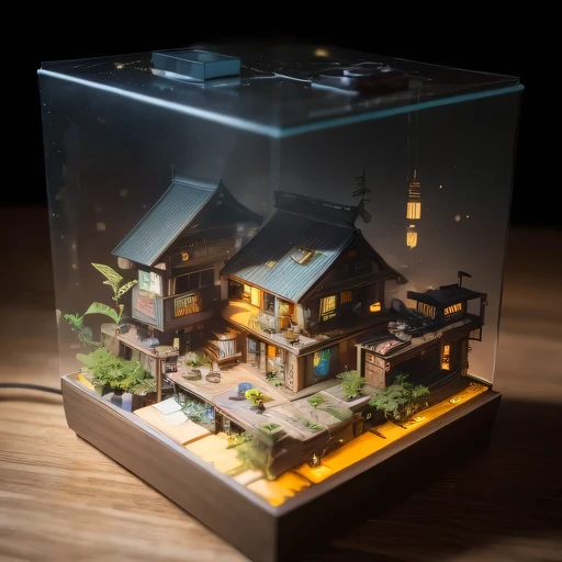 small realistic model, (bifurcation, original photo, best quality, masterpiece:1.4),Steampunk Cyberpunk 2916,(Cyberpunk light:1.3),on the table,horizon (related to land),(in a small nature box:1.3),Isometric, small nature, landscape on foundation,landscape,Distant focus((Lunar soil background))