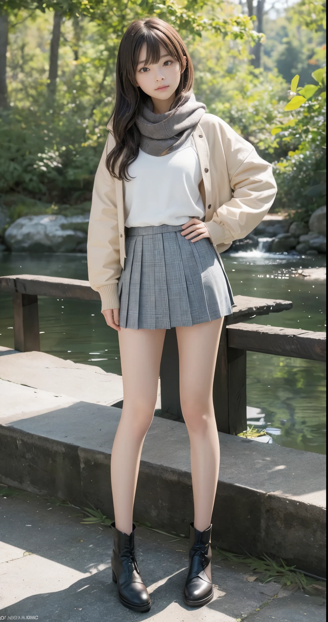 (masterpiece:1.3), (8K, Photoreal, Raw photo, Subject a little far away、best image quality: 1.4), Winter outdoor、20 years old 1 female、((Full body shot down to the toes))、healthy slim body shape、(tight legs)、super detail face、Detailed and moist eyes、(cute smile)、Transparent white skin、look at the viewer、shining hair、Full body Esbian shot、facing the front、Whole body proportions、random pose、natural makeup、((With bangs、Hair tip wave、bob hair))、(Beautiful woman:1.4)、light brown hair、natural color lip、highest quality、masterpiece、Super high resolution、(Photoreal:1.4)、Scarf、Down jacket、tight sweater、plaid pleated mini skirt、round big breasts、Beautiful raw legs、ankle mini boots、