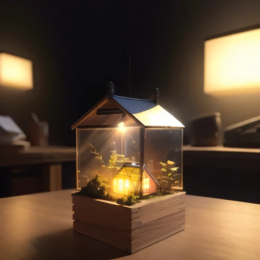 small realistic model, (bifurcation, original photo, best quality, masterpiece:1.4),Steampunk Cyberpunk 2916,(Cyberpunk light:1.3),on the table,horizon (related to land),(in a small nature box:1.3),Isometric, small nature, landscape on foundation,landscape,Distant focus((Lunar soil background))