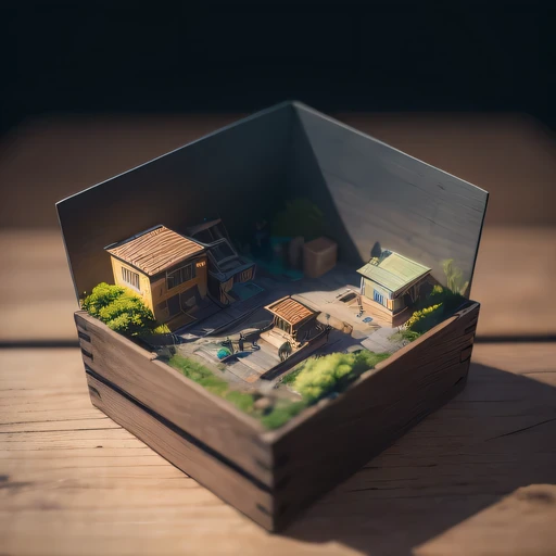 small realistic model, (bifurcation, original photo, best quality, masterpiece:1.4),Steampunk Cyberpunk 2916,(Cyberpunk light:1.3),on the table,horizon (related to land),(in a small nature box:1.3),Isometric, small nature, landscape on foundation,landscape,Distant focus（（Lunar soil background））
