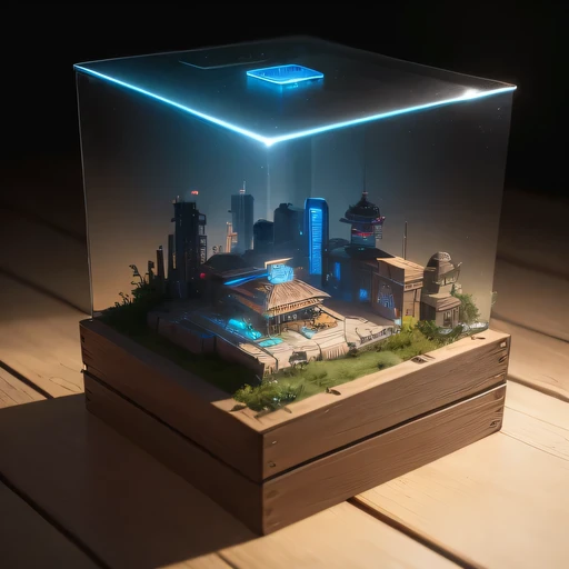 small realistic model, (bifurcation, original photo, best quality, masterpiece:1.4),Steampunk Cyberpunk 2916,(Cyberpunk light:1.3),on the table,horizon (related to land),(in a small nature box:1.3),Isometric, small nature, landscape on foundation,landscape,Distant focus（（Lunar soil background））