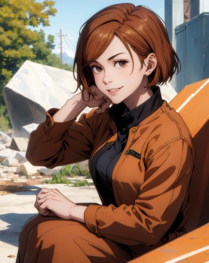 (masterpiece:1.4),(best quality:1.4) 1girl,nobara_jjk,brown hair,short hair, brown eyes,fully ,smilling, sitting, full body