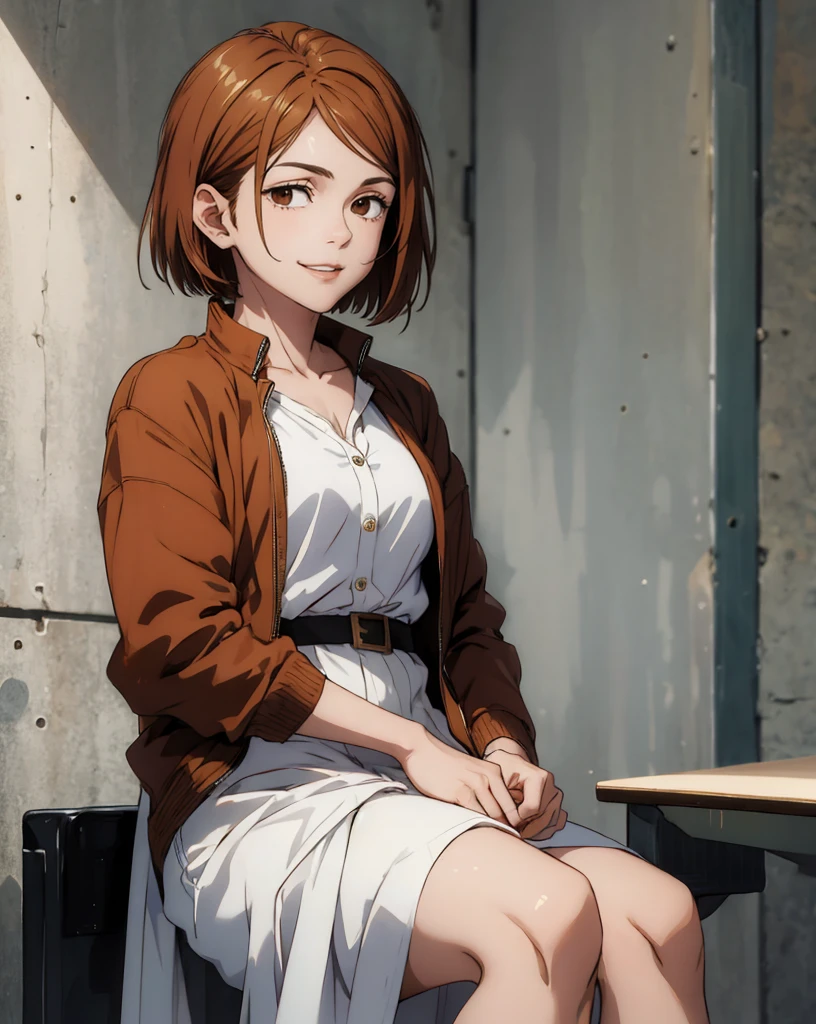 (masterpiece:1.4),(best quality:1.4) 1girl,nobara_jjk,brown hair,short hair, brown eyes,fully ,smilling, sitting, full body