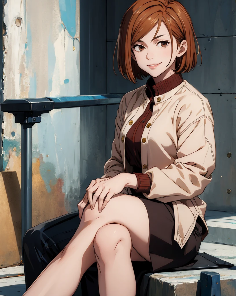 (masterpiece:1.4),(best quality:1.4) 1girl,nobara_jjk,brown hair,short hair, brown eyes,fully ,smilling,  sitting, full body