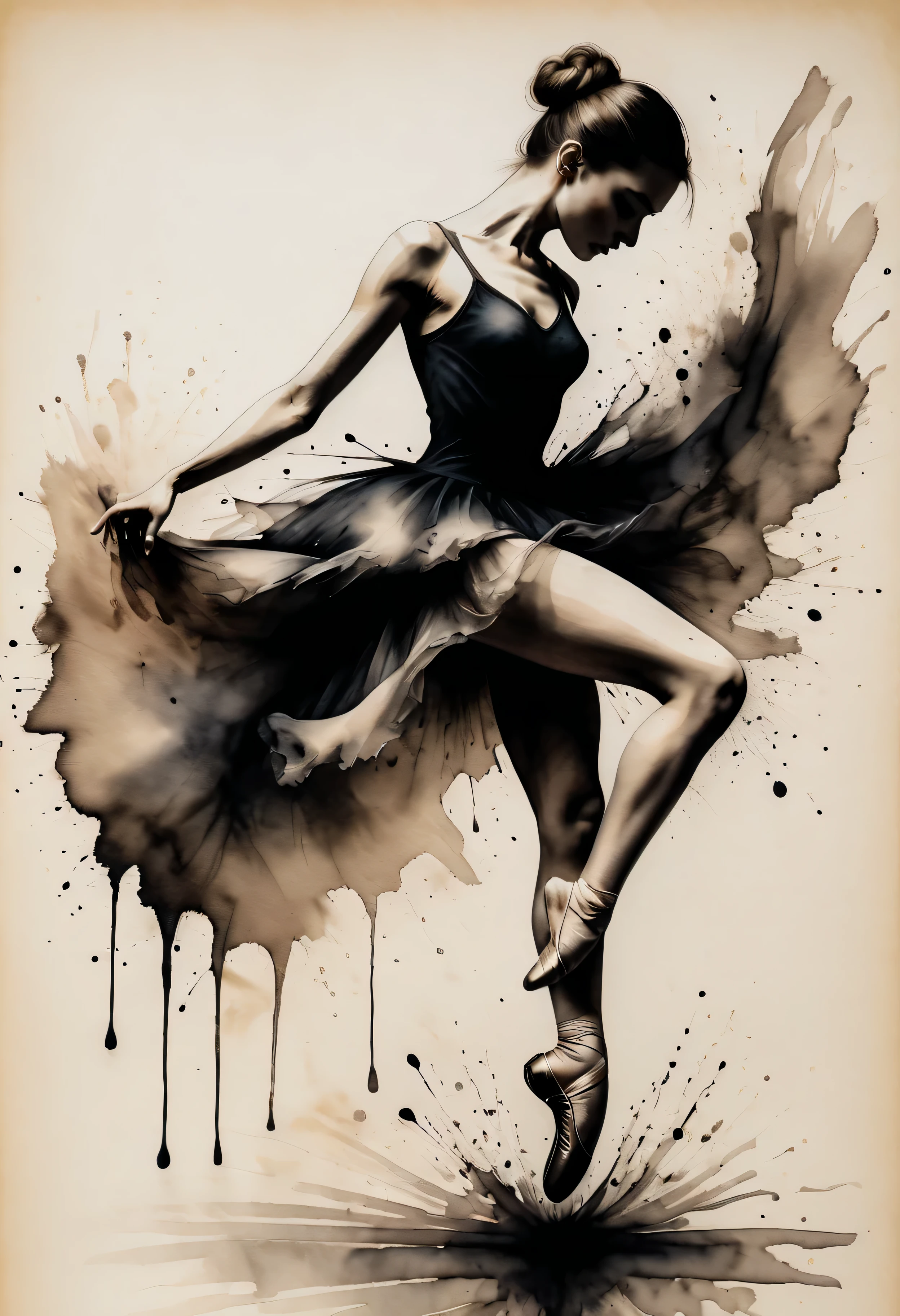 ((Amazing_choreography):1.2), ((Expressive_movement:1.2), (Ballerina), ((Hourglass_figure):1.1). | Outlined in black ink, the figure is depicted with smooth lines, expressing emotions and posture through the contrast of ink density. The background is minimalist, emphasizing light, shadow, and spatial perception.