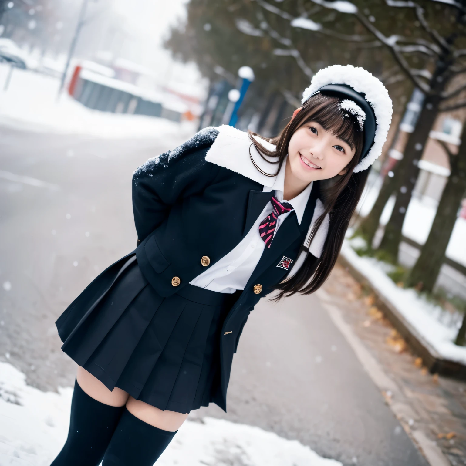 (masterpiece:1.2), super high quality, japanese girl, (super realistic), (super photographic style), 1girl, ((full body)), straight hair, (18 years old), stylish body, (large tits), (cute face), (((school uniform))), (((thighs focus))), standing on a street, round eyes, (((black fullcoverd-tights))), view from back, smiling, (((a snow day))), she is standing with her back to me, she is not wearing a hat,