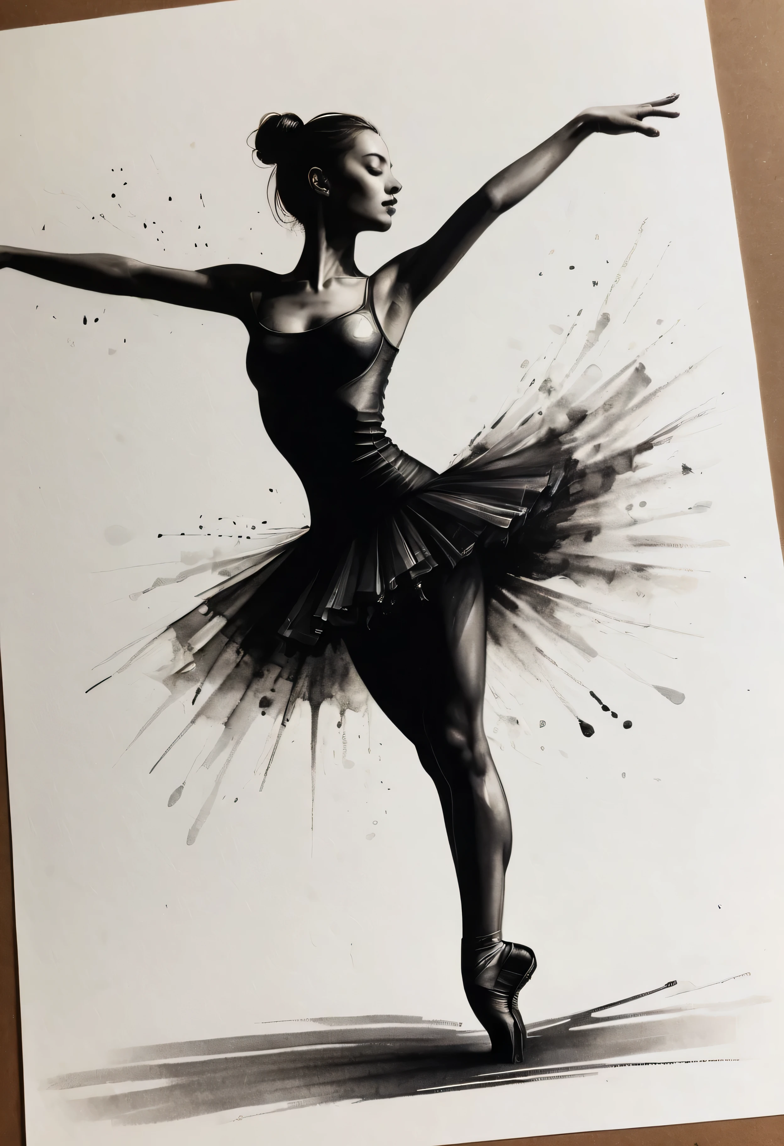 ((Amazing_choreography):1.2), ((Expressive_movement:1.2), (Ballerina), ((Hourglass_figure):1.1). | Outlined in black ink, the figure is depicted with smooth lines, expressing emotions and posture through the contrast of ink density. The background is minimalist, emphasizing light, shadow, and spatial perception.