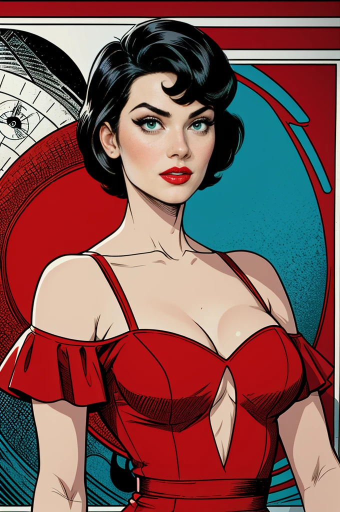 (Masterpiece, Best Quality), 8k Wallpaper, highly detailed, poster, vintage spy film, 1960s, sexy female rental killer, short black hair, cinematic movie poster, Bauhaus, shapes, lines, abstract, propaganda, mid century modern, movie poster, vintage, Lady Killer by Joelle Jones