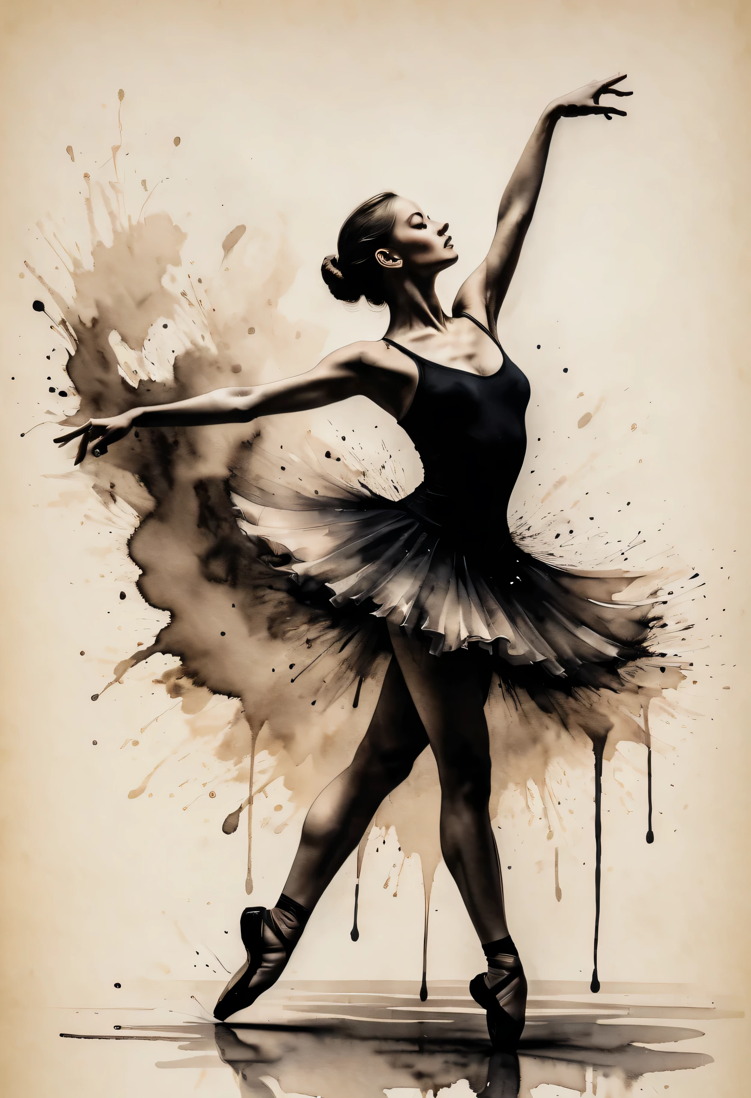 ((Amazing_choreography):1.2), ((Expressive_movement:1.2), (Ballerina), ((Hourglass_figure):1.1). | Outlined in black ink, the figure is depicted with smooth lines, expressing emotions and posture through the contrast of ink density. The background is minimalist, emphasizing light, shadow, and spatial perception.