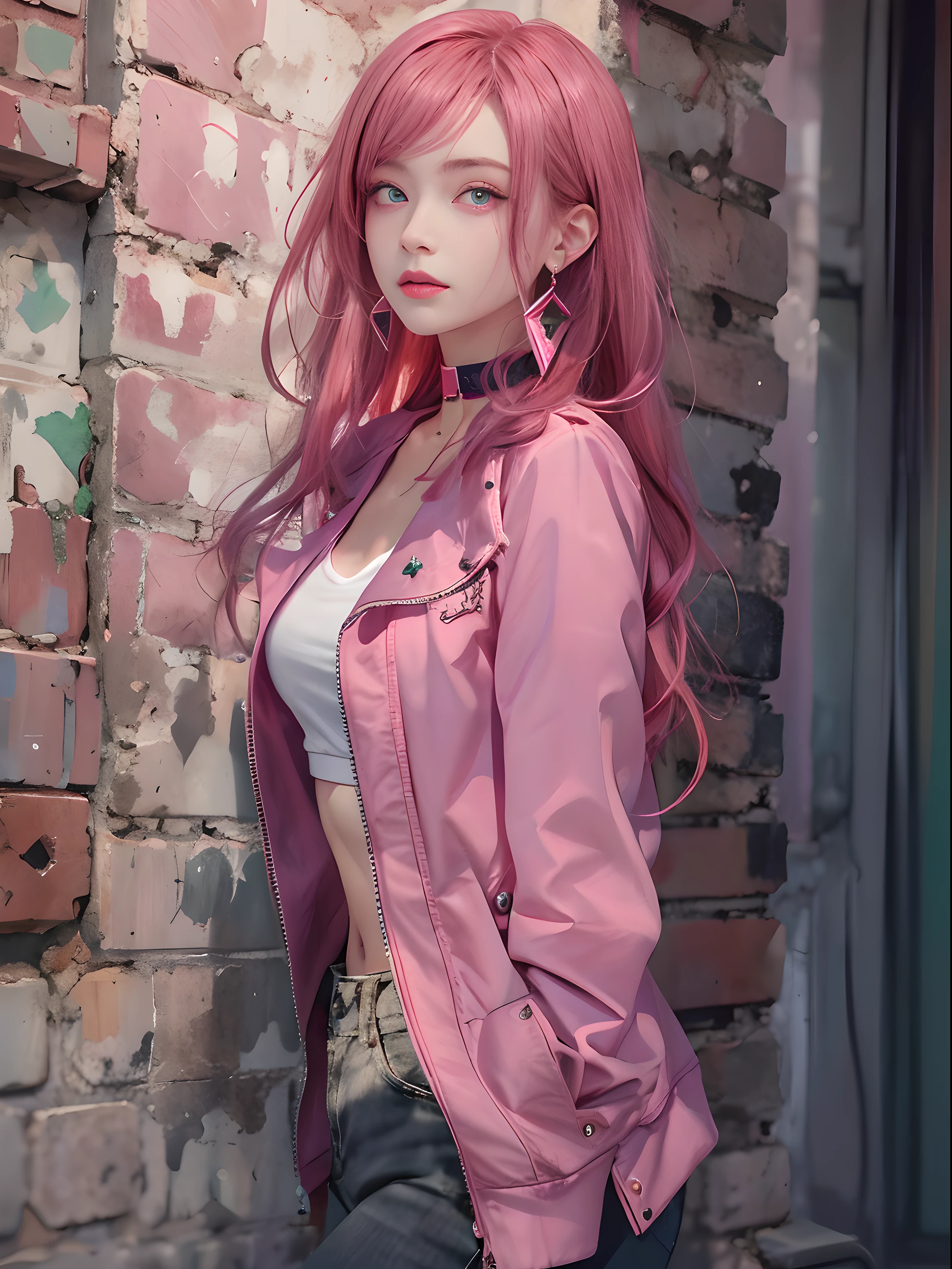 (masterpiece, best quality, 1 girl, alone, intricate details, Color difference), actual, ((medium breathing)),long hair, pink hair, Red tiara, Pink highlights, hair covering one eye,purple eyes, earrings, sharp vision, collar, neon shirt, open jacket, crop top, (Symmetrical eyes),(Perfectly symmetrical figure),against the wall, brick wall, Graffiti, dim lights, alley ,look at the audience