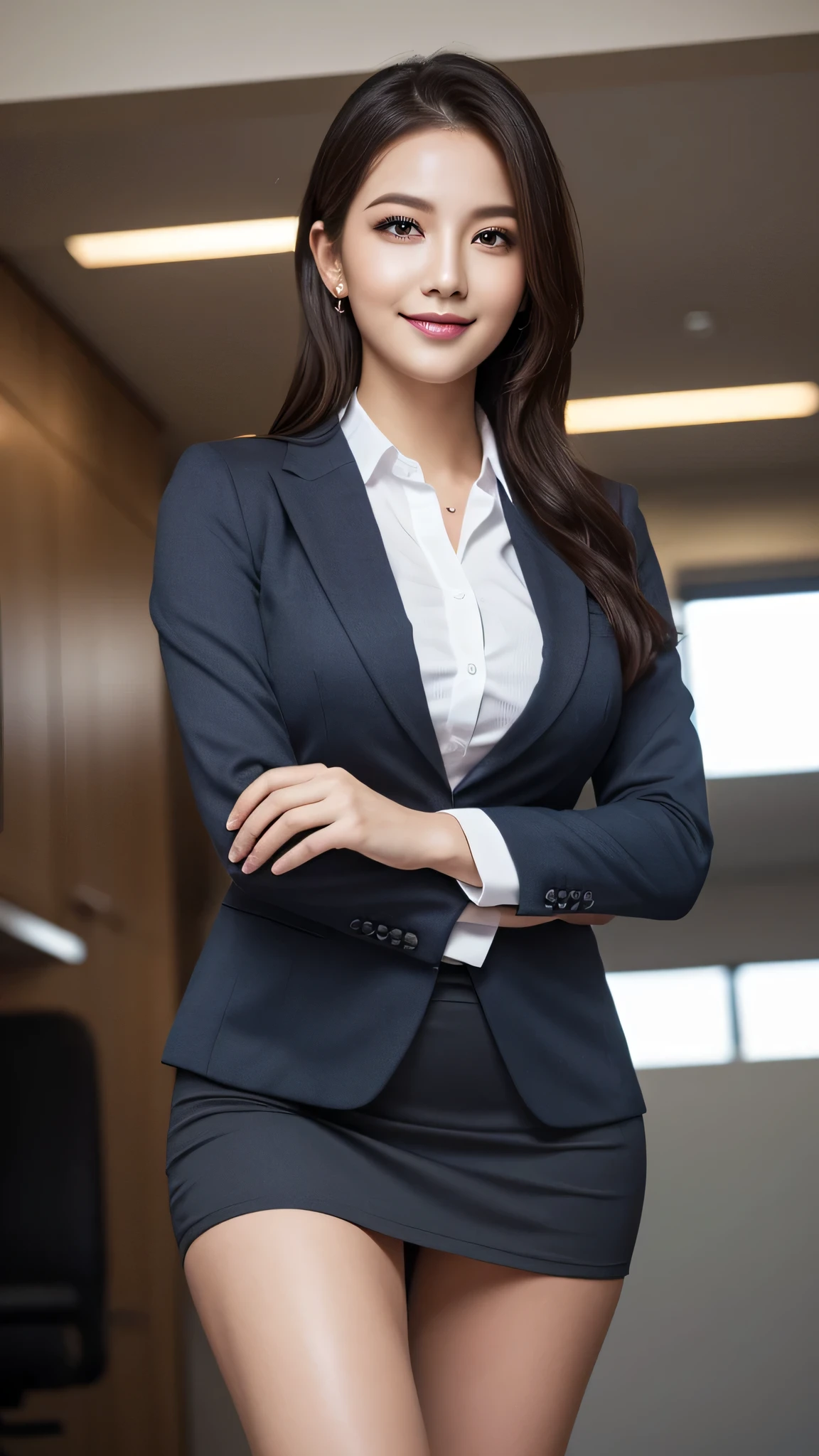 (1woman), Beautiful, Amazing face and eyes, makeup, (extremely detailed beautiful face), seducting smile, (Best Quality:1.4), (Ultra-detailed), (extremely detailed CG unified 8k wallpaper), Highly detailed, raw photos, Professional Photography, (Business Suit, Mini skirt:1.2), (Business shirt with wide open chest), (Spread legs), (view from below:1.2)