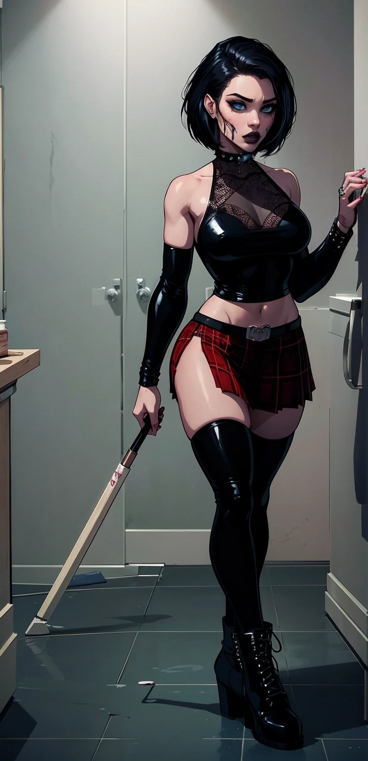 a woman with short black hair, hair on shoulders, wearing a black cropped and plaid skirt, blue eyes, zombie art, gothic art, cute aesthetic with vibe, toon aesthetic, wearing red costume, wearing gothic accessories, look like Cassie Hack, whole body, walking on the floor, black boots, white background