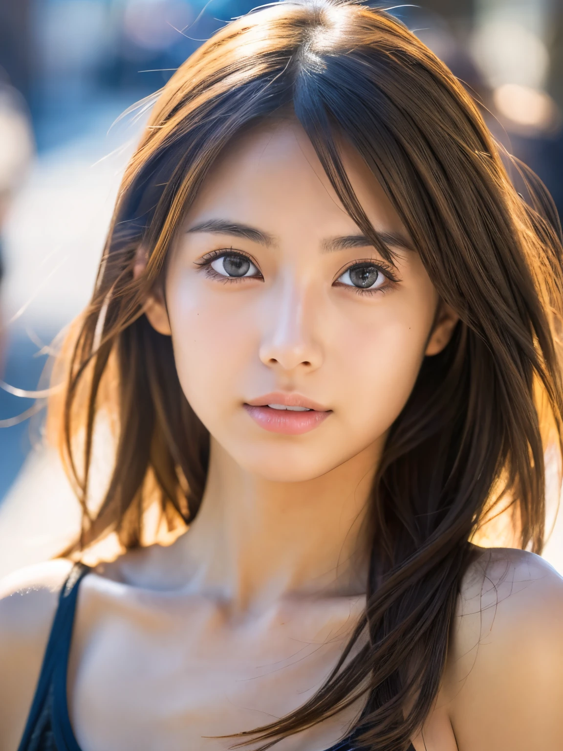 Ultra-detailed 8K photo of a Japanese 25 old gravure model with sun-kissed skin and striking hazel eyes.1 girl, cute, young, skinny, (3N1DS1NCL41R:0.9), realistic pictures, extreme detail, street photo, {highest quality}, {{masterpiece}}, {High resolution}