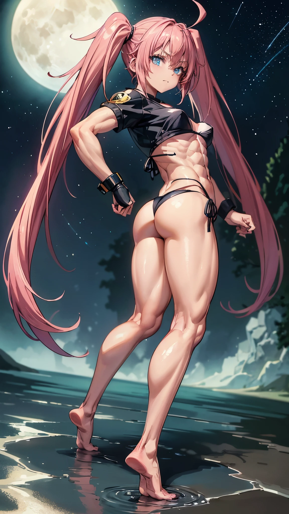 1 girl, (medium breasts))), (((wearing short bikini))), (long pink hair), (((blue eyes))), Thin arms, (on the beach at night with starry sky and full moon blood), (thin waist), (((muscular legs))), muscular belly, barefoot, (((showing me his big ass))), (full body photo), (twintails), long eyes, eye reflex , bad mood, anime, anime style, ray tracing, Reflection, drop shadow, Panorama, Sony FE, 8k, UDisk, artwork, accurate, anatomically correct, super detail, best quality, ultra-high resolution, hard drive, 16k