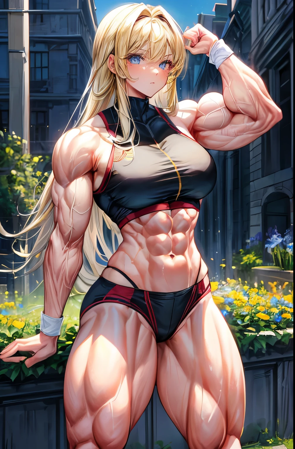 (best lighting) , (Extremely complex and detailed) , 4K unified, (Super detailed CG: 1.2) , (8k: 1.2),(The original), (masterpiece) , (best quality),(masterpiece:1.4),Anime-like high quality,(masterpiece),masterpiece, Super clear picture quality,clearer than,(delicate face)best quality, absurd,((Master of Peace, 4K, 8k, Yes, high resolution))1个girl, female student,She was in the garden,Ten strong abdominal muscles,stand up,Crop topping,dense, There are raised veins on the arms,Oversized muscles,The visual sense of muscle explosion,Muscles feel like they're about to explode,The biceps are as big as several steamed buns,spring, boots, Perfect body, long hair, dynamic poses,legs exposed,Strong leg muscles ((bodybuilder:1.5)),spring Garden,(beautiful bass),(girl),(miss),(((Upper body:1)))Fashionable midriff-baring outfit
