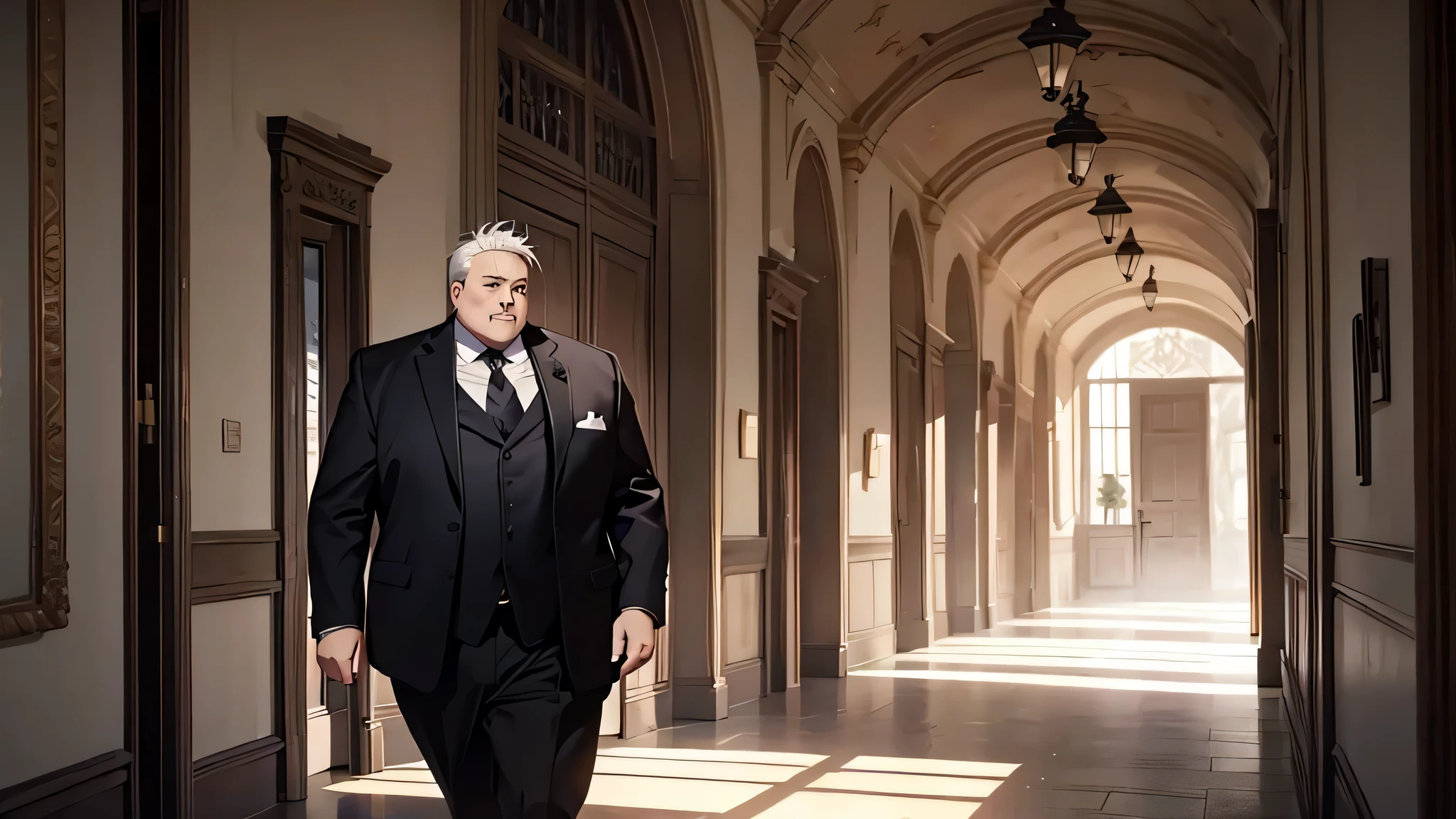 1 Male in his 50s, dignified, professional, friendly, gentle, walking, hallway castle, chubby man, white hair, black suit