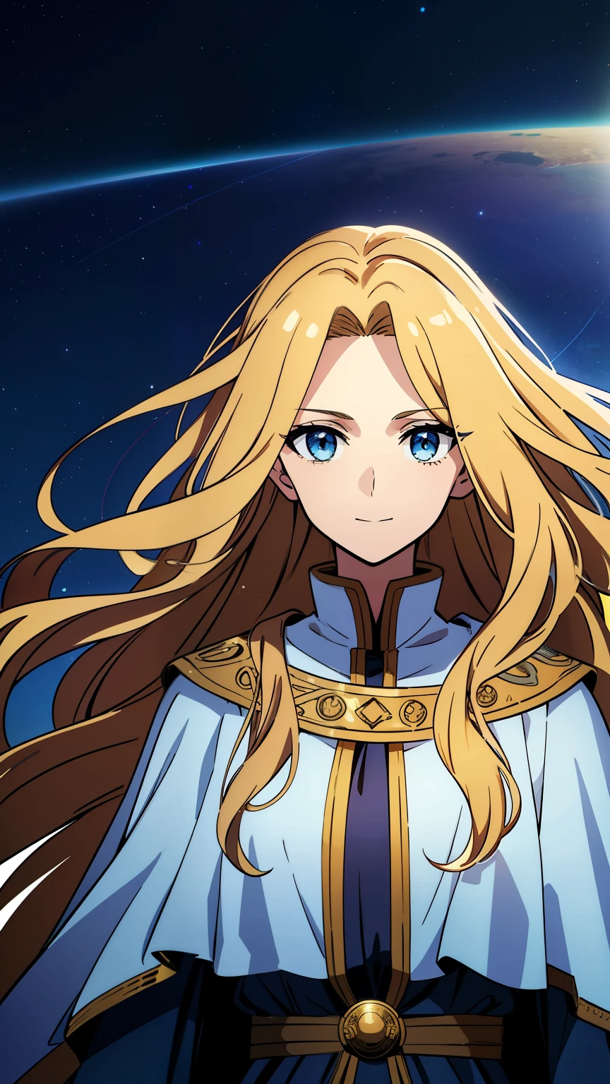 (high-quality, breathtaking),(expressive eyes, perfect face) 1girl, female, adult, solo, long length hair, blonde with brown highlights hair color, glowing hair, deep blue eyes, calm expression, charming smile, cloak, shirt, space background, upper body, magic, elegant, Greek Clothing, portrait, fantasy mage clothing, adventurers clothing, Saturn Roman God of Time, Saturn, soft wavy hair, free flowing loose hair, time background, mum vibe, mature woman, beautiful hair, waifu
