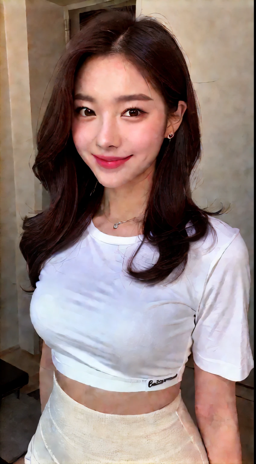 White tight shirt、White tight mini skirt、bed、smile、short sleeve、high resolution、Hallyu Idol Face