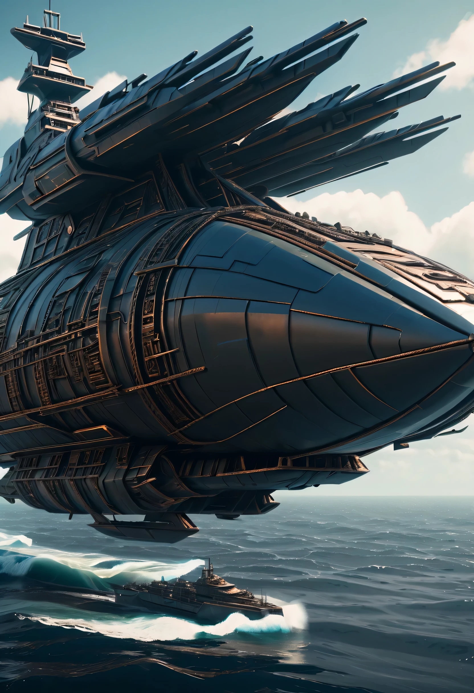 Metal bird-like ship, plastic, blindagem Liza. planos futurista fundo nave de guerra, futurista voando 4k