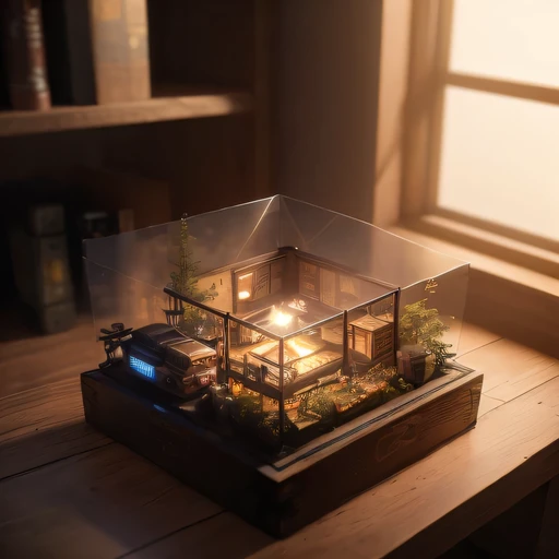 small realistic model, (bifurcation, original photo, best quality, masterpiece:1.4),Steampunk Cyberpunk 2916,(Cyberpunk light:1.3),on the table,horizon (related to land),(in a small nature box:1.3),Isometric, small nature, landscape on foundation,landscape,Distant focus((Lunar soil background))