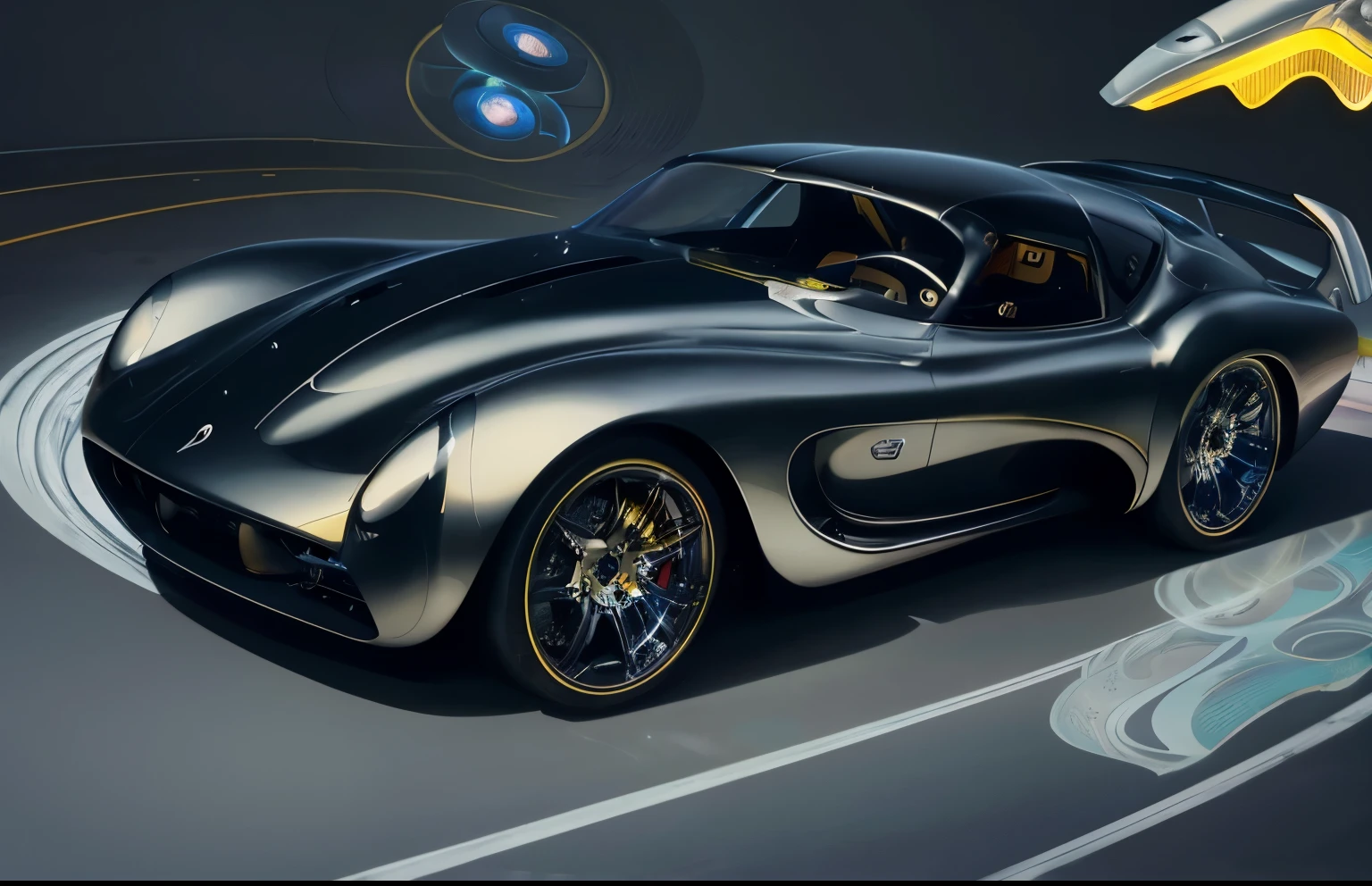 Futuristic hyper-car/supercar design based upon floral curves and futuristic spaceship design, 1940's car racing design, diamond cut wheels, stary night, bar lighting, conch shells swirls and black iridescent sheen, swirl, twirl, curl, the rule of thirds, golden ration 1.618, 3, 6 and 9 the Secret of the Universe, black, low and lean, very long, very low to the ground, modernized aero dynamics, future power engine design, full sideview including background scene and car, dark fantasy sci-fi rain swept background, professional automotive photography, highly detailed, hyperdetailed, Caravaggio,