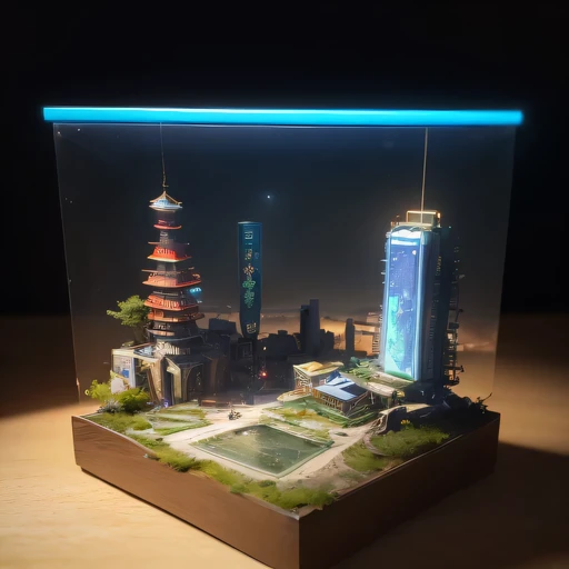 small realistic model, (bifurcation, original photo, best quality, masterpiece:1.4),Steampunk Cyberpunk 2916,(Cyberpunk light:1.3),on the table,horizon (related to land),(in a small nature box:1.3),Isometric, small nature, landscape on foundation,landscape,Distant focus((Lunar soil background))