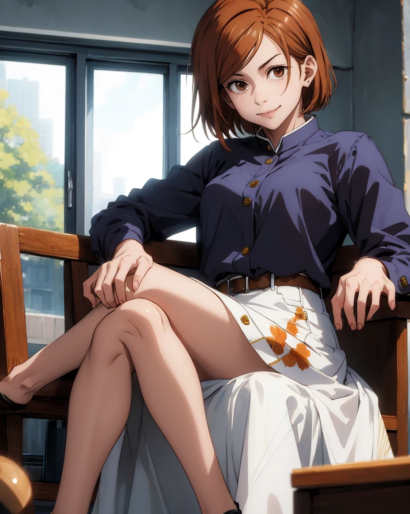 (masterpiece:1.4),(best quality:1.4) 1girl,nobara_jjk,brown hair,short hair, brown eyes,fully ,smilling,  sitting, full body