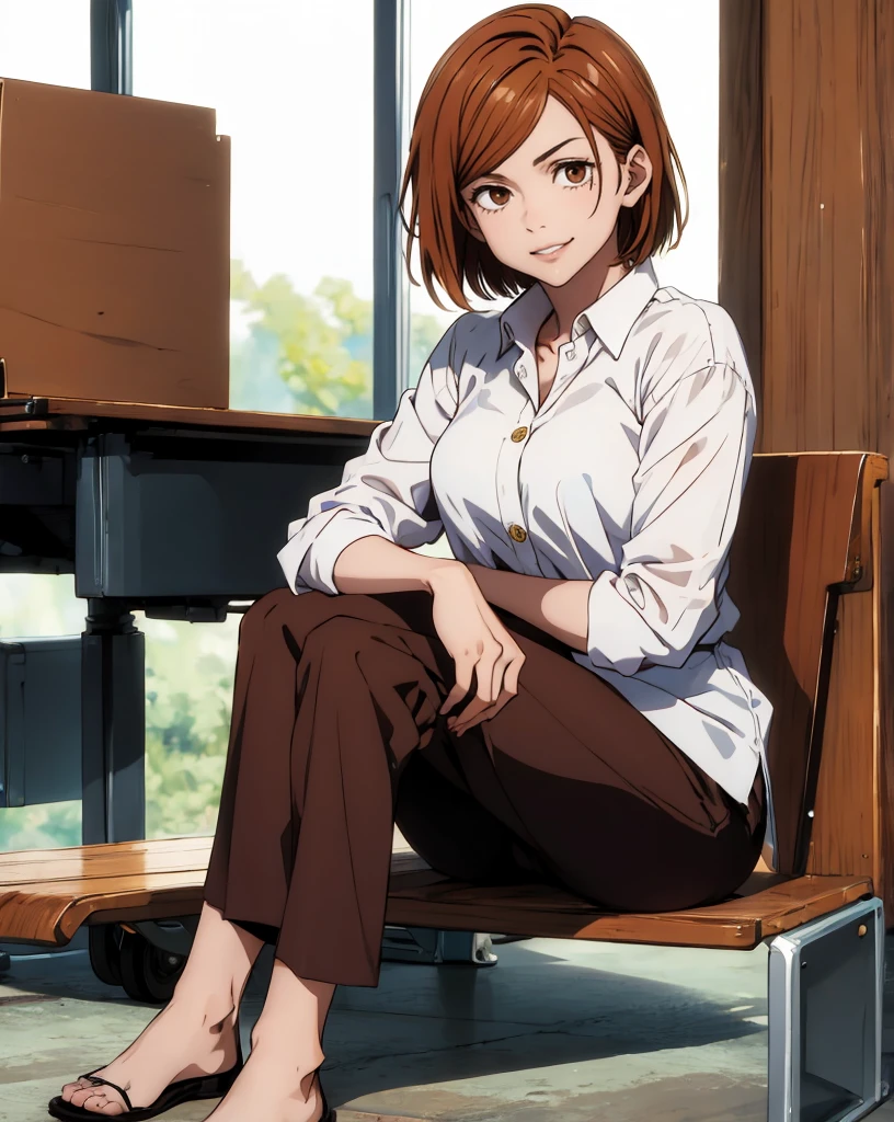 (masterpiece:1.4),(best quality:1.4) 1girl,nobara_jjk,brown hair,short hair, brown eyes,fully ,smilling,  sitting, full body