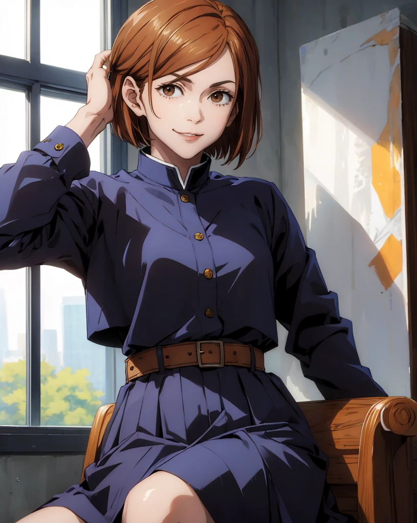 (masterpiece:1.4),(best quality:1.4) 1girl,nobara_jjk,brown hair,short hair, brown eyes,fully , sitting, full body