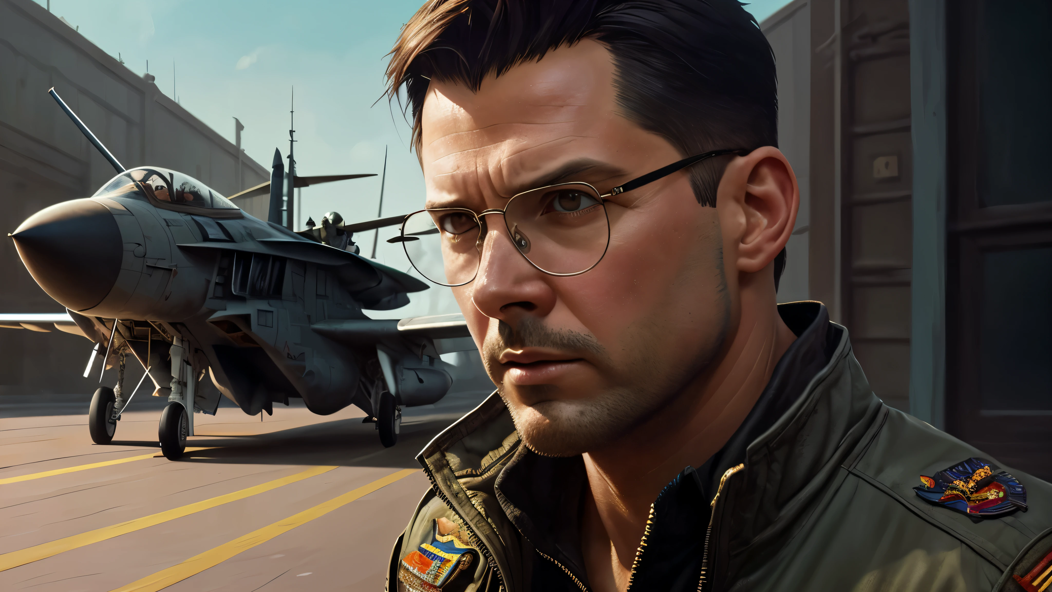 bald (no hair) fighter pilot in Top Gun, wearing glasses, no facial har, vhs effect, (poster: 1.2), poster on the wall, nostalgia, movie poster, (skin texture), intricately detailed, fine details, hyperdetailed, ray tracing, subsurface scattering, diffuse soft lighting, F-14 Tomcat airplanes detailed in the background, shallow depth of field, by (Oliver Wetter) majestic professional oil painting by Ed Blinkey, Atey Ghailan, Studio Ghibli, by Jeremy Mann, Greg Manchess, Antonio Moro, trend at ArtStation, trend at CGSociety, Intricate, High Detail, Sharp focus, dramatic painting and photorealistic art of (greg rutkowski:1.4), bokeh