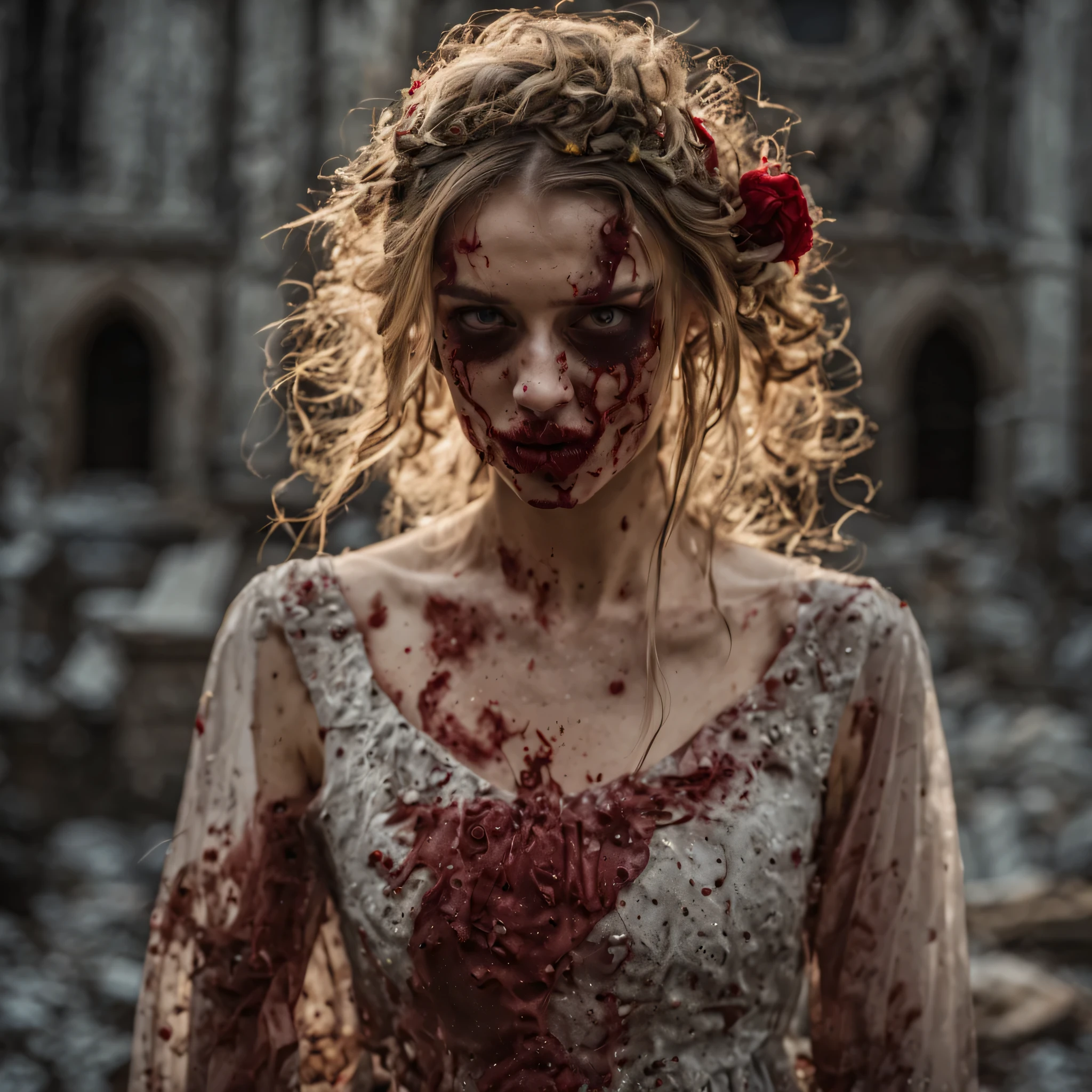 (zombie young girl face:1.4), a bride, zombie face, angry face, hair with strands of gray hair, open mouth, rotten, in a dirty torn wedding dress, a dress in red liquid paint, in a veil, wounds, abrasions, cuts, bruises, bullet holes on the body, in the background a church cathedral, cemetery, detail face, detail backgrounds little blur, reflection from wet, not much light on models, correct shadows, HDR, photorealistic, professional photo, gloomy style