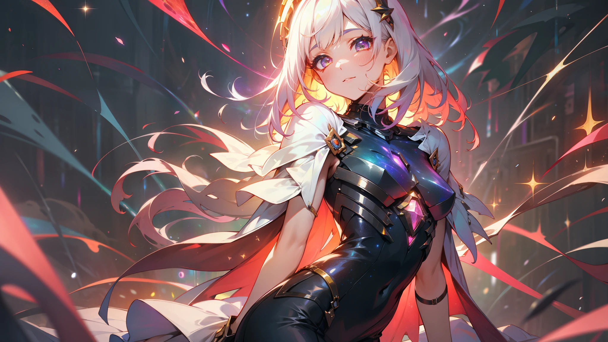 a rainbow colored sensual woman, short dress, fluttering hair, rainbow colored cosmic nebula background, stars, galaxies, cosmic horror