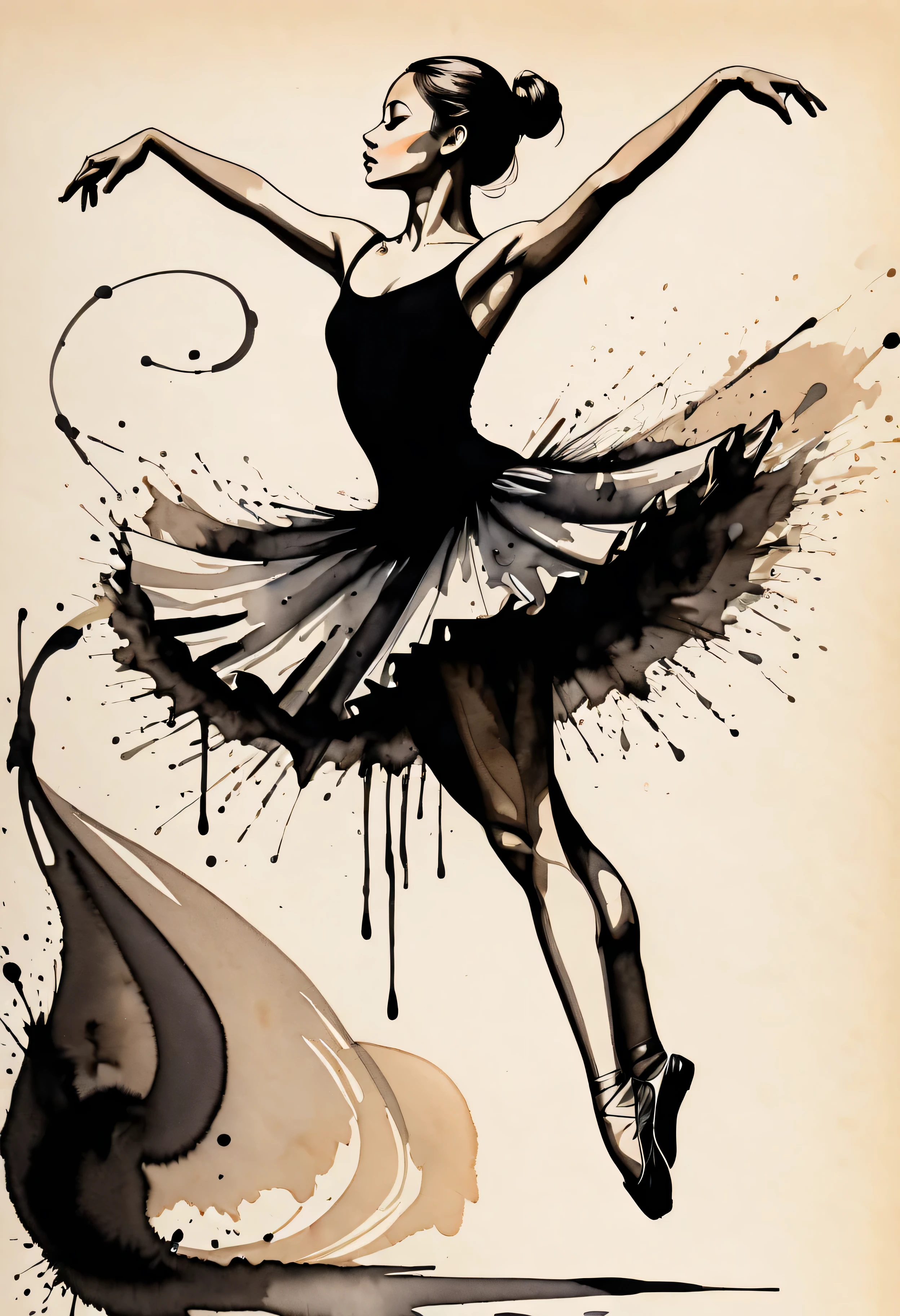 ((Amazing_choreography):1.2), ((Expressive_movement:1.2), (Ballerina), ((Hourglass_figure):1.1). | Outlined in black ink, the figure is depicted with smooth lines, expressing emotions and posture through the contrast of ink density. The background is minimalist, emphasizing light, shadow, and spatial perception.