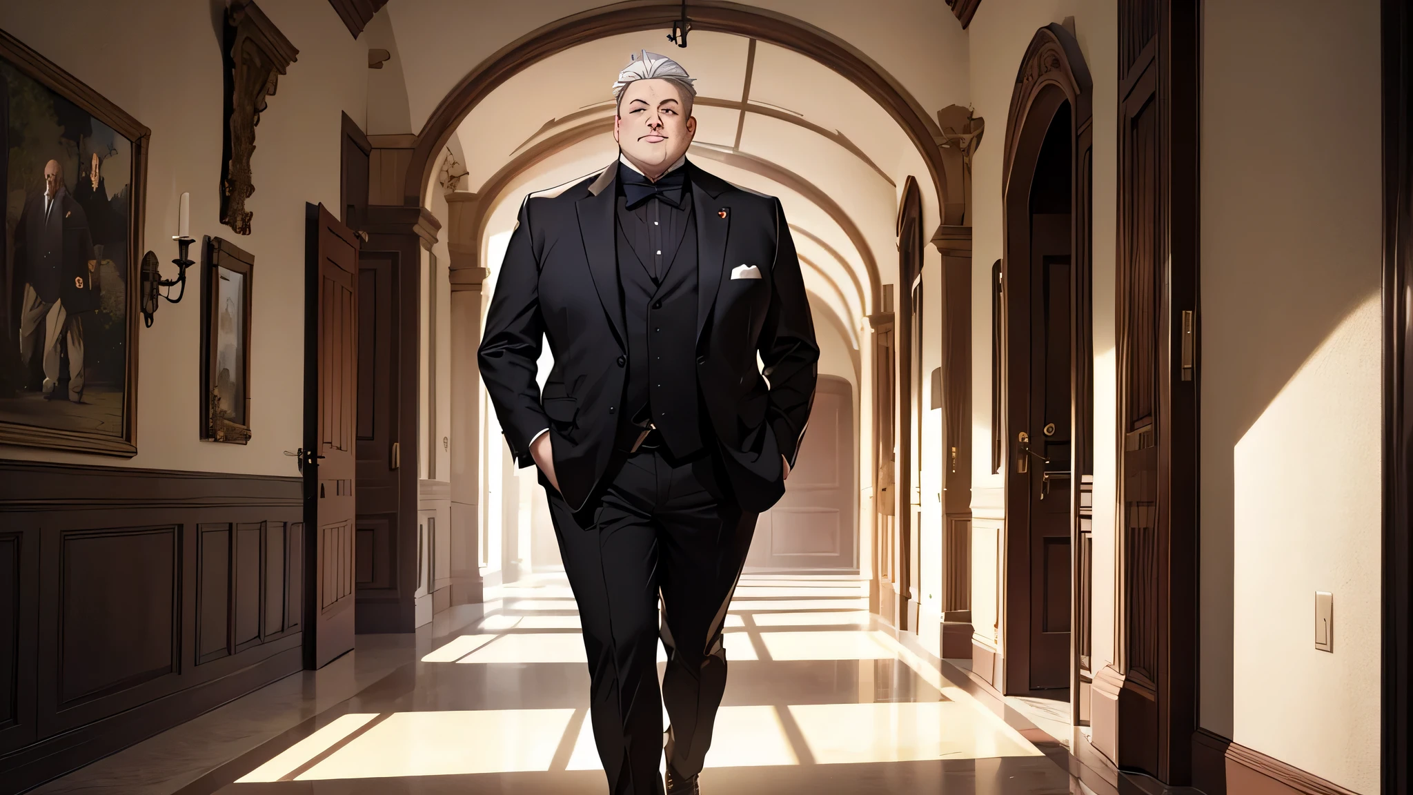 1 Male in his 50s, dignified, professional, friendly, gentle, walking, hallway castle, chubby man, white hair, black suit, detailed face