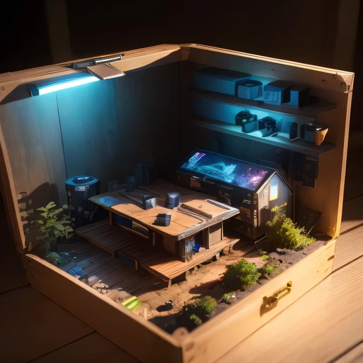 small realistic model, (bifurcation, original photo, best quality, masterpiece:1.4),Steampunk Cyberpunk2716年Lunar soil,(Cyberpunk light:1.3),on the table,horizon (related to land),(in a small nature box:1.3),Isometric, small nature, landscape on foundation,landscape,Distant focus((Lunar soil))