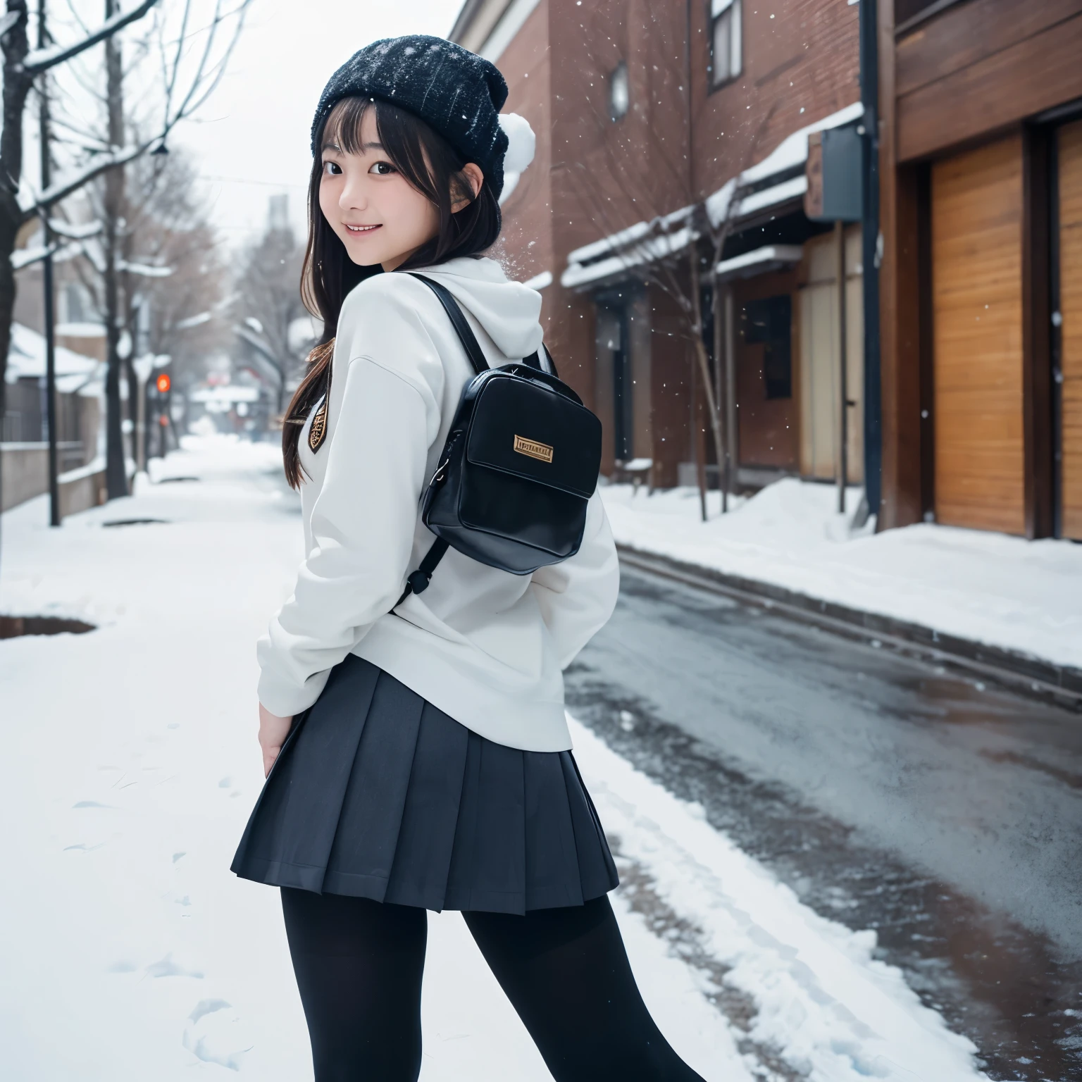 (masterpiece:1.2), super high quality, japanese girl, (super realistic), (super photographic style), 1girl, ((full body)),  straight hair, (18 years old), stylish body, (large tits), (cute face), (((school uniform))), (((thighs focus))), standing on a street, round eyes, (((black fullcoverd-tights))), view from back, smiling, (((a snow day))), she is standing with her back to me, she is not wearing a hat, 