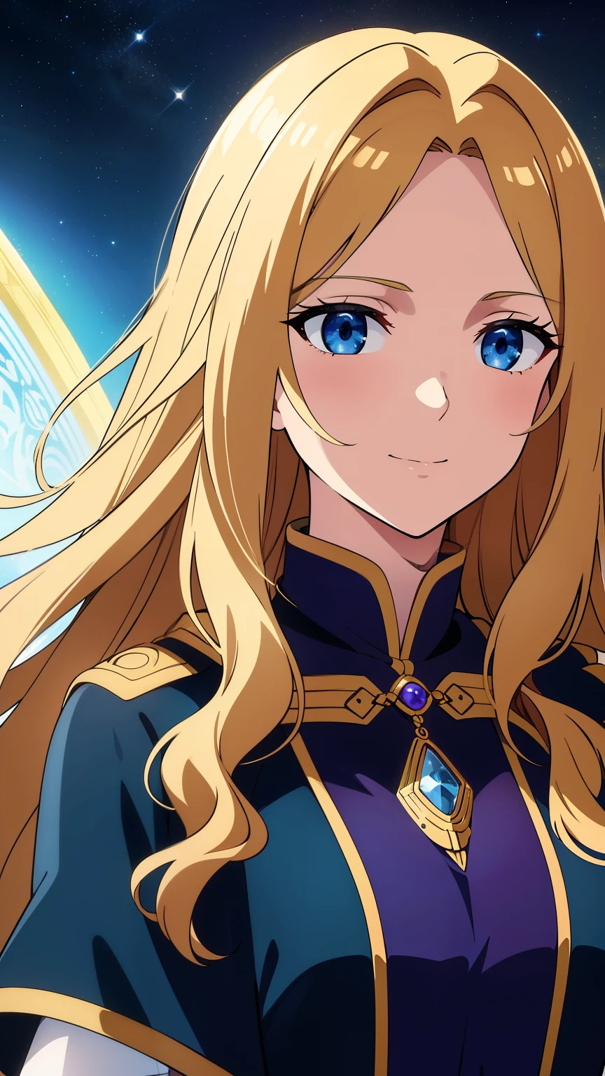 (high-quality, breathtaking),(expressive eyes, perfect face) 1girl, female, adult, solo, long length hair, blonde with brown highlights hair color, glowing hair, deep blue eyes, calm expression, charming smile, cloak, shirt, space background, upper body, magic, elegant, Greek Clothing, portrait, fantasy mage clothing, adventurers clothing, Saturn Roman God of Time, Saturn, soft wavy hair, free flowing loose hair, time background, mum vibe, mature woman, beautiful hair, waifu